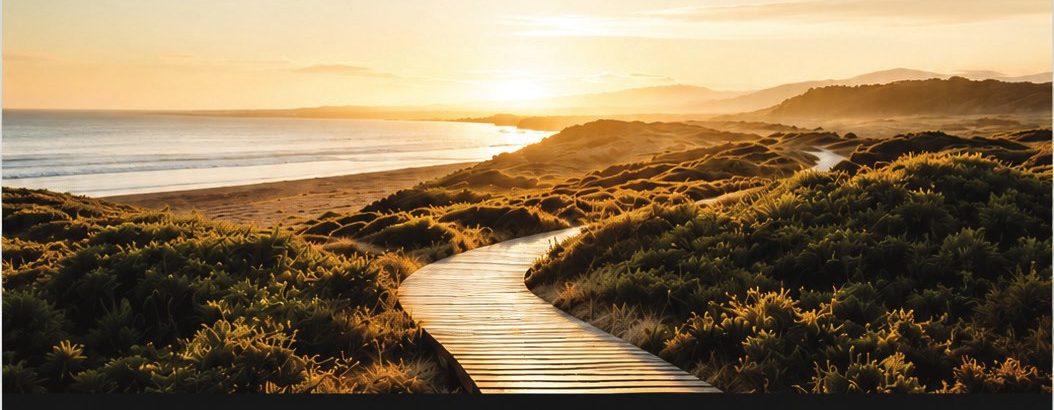 A timber boardwalk winding through coastal dunes toward the sea at sunset
