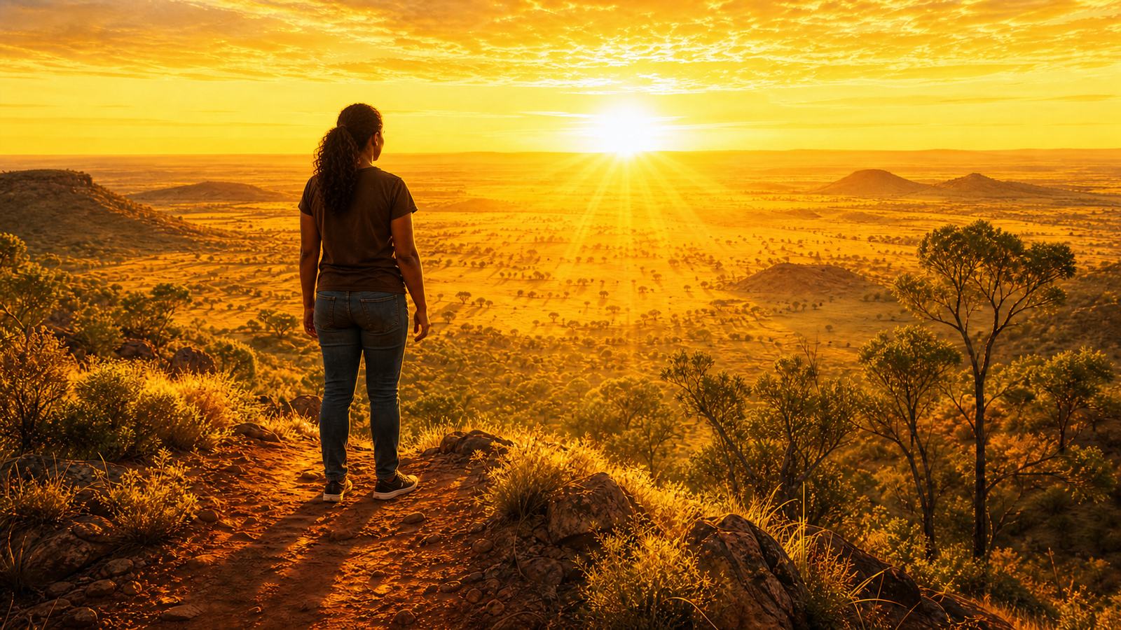 A woman on a ridge looking out over open Country toward the setting sun