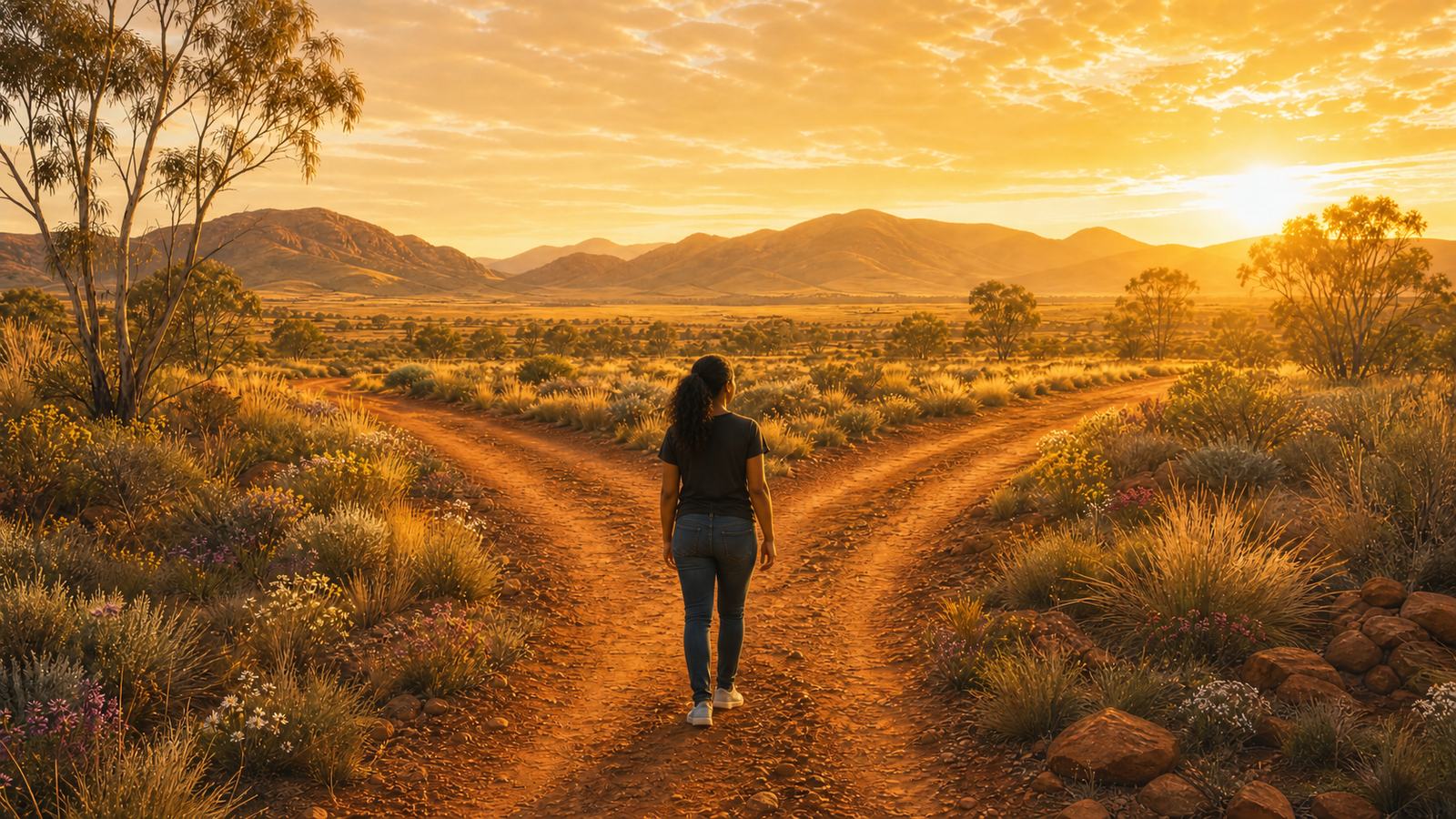 A woman standing where a dirt road forks in two directions, at sunset on Country