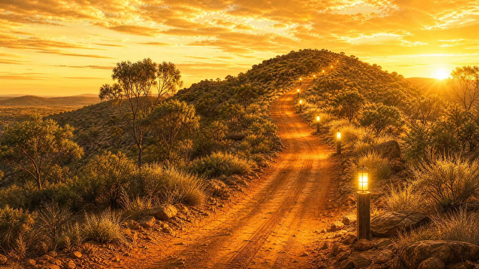 A red dirt road climbing a rise at sunset, lit markers set along its edge